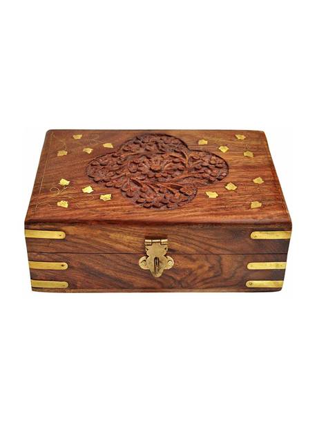 WOODINO Size (8x5 Inch) Brass and Carving, Money Box Makeup and Jewellery Vanity Box