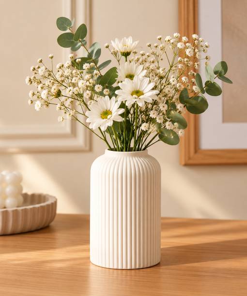 HOUSOL Ivory Ribbed Pipe Ceramic Flower Vase for Home Decor Ceramic Vase