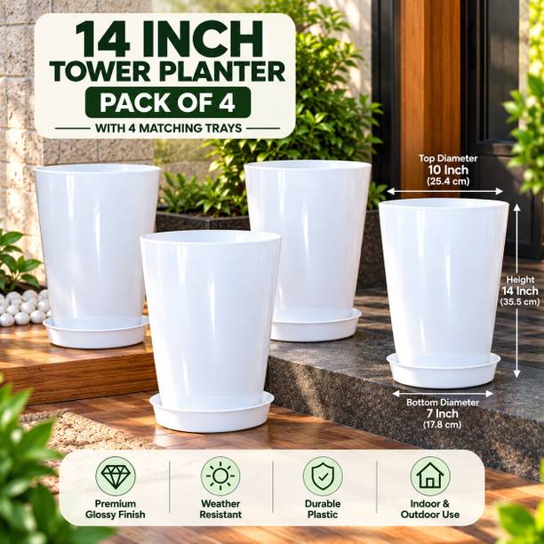 Greenvora 14 Inch Tower Pot for Home & Garden with Matching Tray (Pack of 4) Plastic Vase
