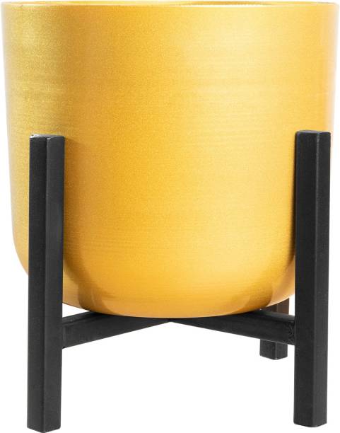 Homesake Mid Century Plant Stand with Pot Included 8 Inch Metal Planter Pot with Stand Iron Vase