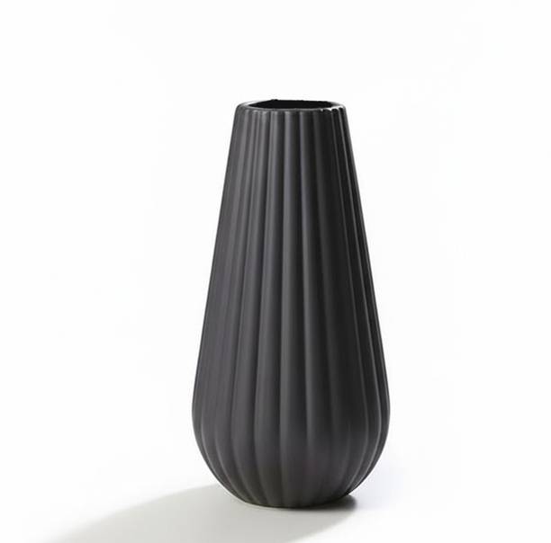 Ryme Matte Black Ribbed Plastic Pot for Artificial Plants | Modern Decorative Planter Plastic Vase