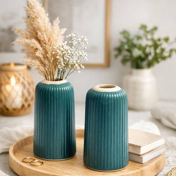 Beyond Homes And Living Bottle Green Ribbed Ceramic Vase Set of 2 Decorative Table Centrepiece Ceramic Vase