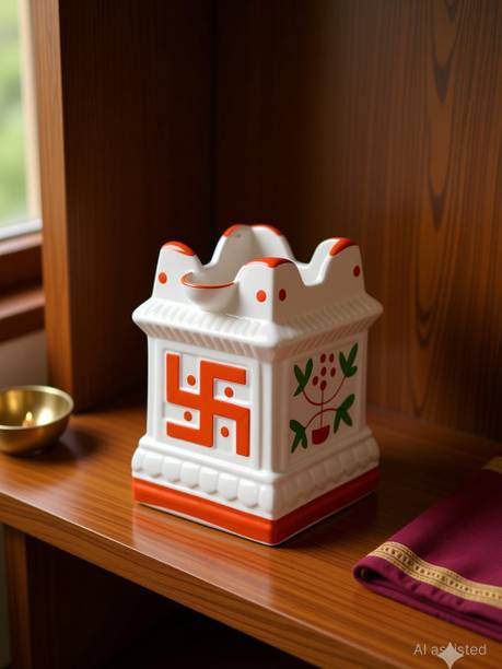 Kalaah Ceramics Tulsi Pot with Swastik | Large Decorative Tulsi Kyara | Tulsi Vrindavan Plant Container Set