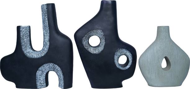Muse and Masterpiece Hand-Carved Textured Sculptural Vases – Minimalist Black & Grey Japandi Polyresin Vase