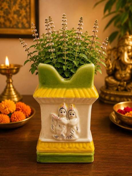 VIRMIC Ceramic Radhe Krishna Tulsi Planter Pot 11 Inch Green Home Temple Decor Plant Container Set