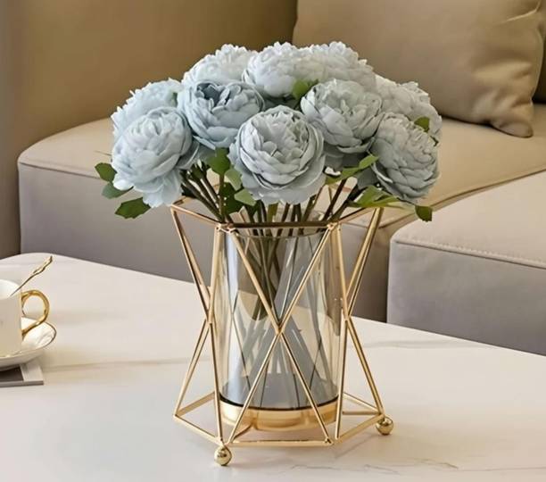 Maaz Geometric Glass Flower Vase with Gold Metal Stand Iron Vase