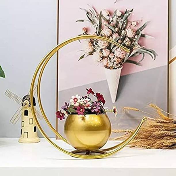 decormaster Metal Flower Vase with Gold Finish Half Moon Design Flower Pot Stand Iron Vase