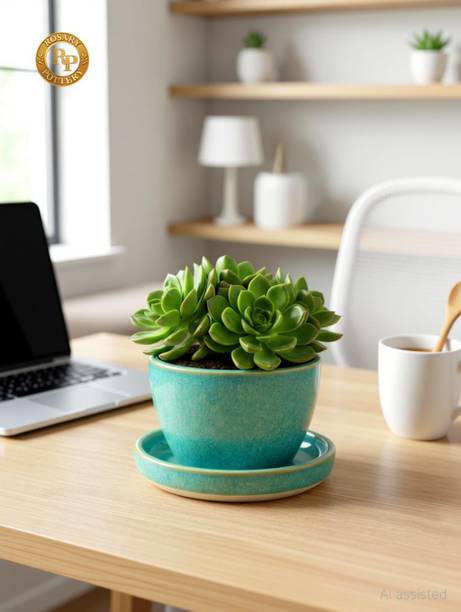 ROSARY POTTERY Premium Ceramic Cup Pot | Decorative Indoor & Outdoor | Drainage Hole | Green | Plant Container Set