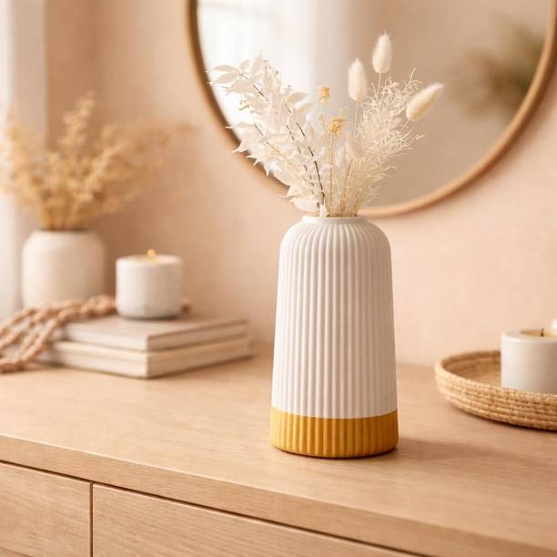 Beyond Homes And Living Dual Tone Ribbed Ceramic Vase Set of 1 Decorative Table Centrepiece Ceramic Vase