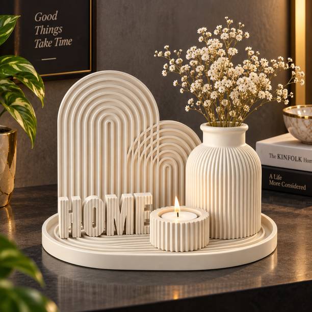 EverFirm HOME Arch Sculptural Decor Set with Tealight Holder & Tray – Cream Plastic Vase