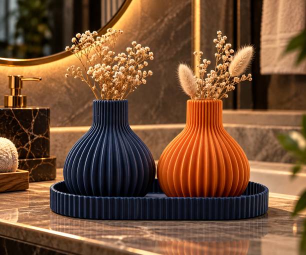 EverFirm Ribbed Bulbous Vase Set of 2 with Round Tray for Home Decor – Blue and Orange Plastic Vase