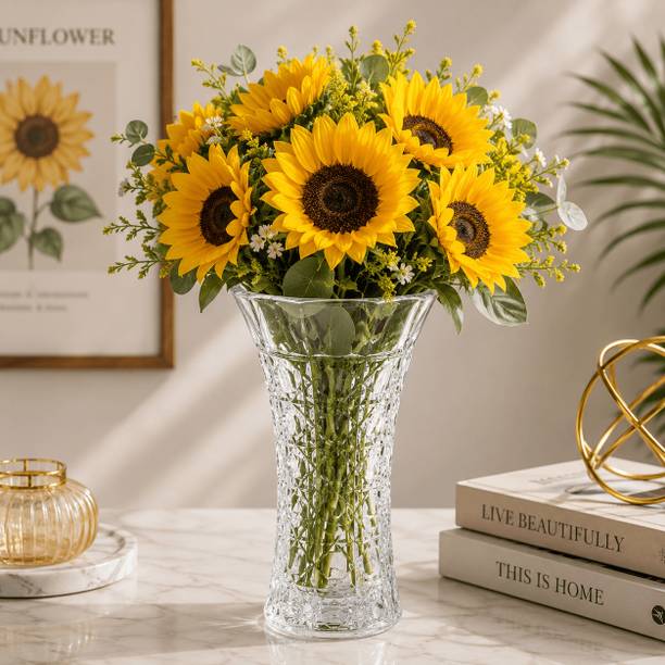 S1Store 7 Inch Glass Vase Clear Decorative Flower Vase Geometric Cut Premium Fin
