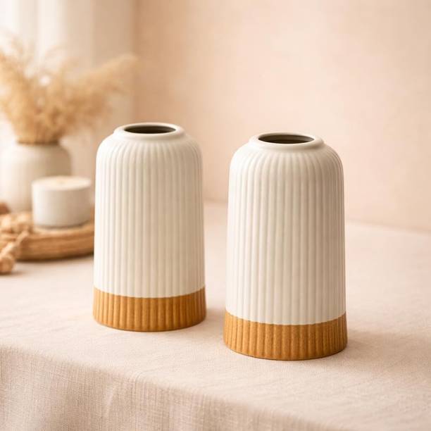 Beyond Homes And Living Dual Tone Ribbed Ceramic Vase Set of 2 Decorative Table Centrepiece Ceramic Vase