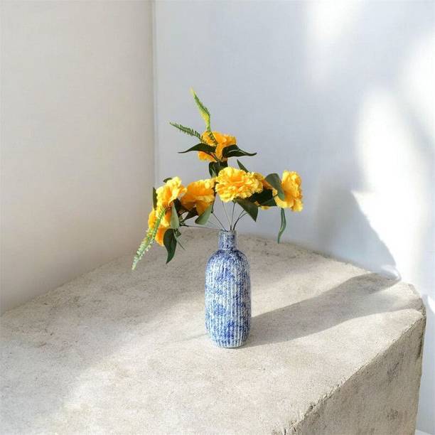 VIBHSA Blue Ribbed Ceramic Bottle Vase Ceramic Vase