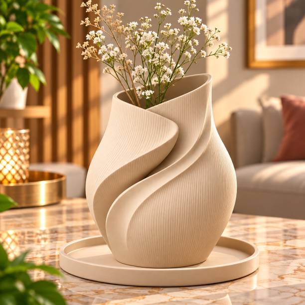 EverFirm EverFirm Twisted Wave Swirl Flower Vase, 3D decorative vase – Beige Plastic Vase
