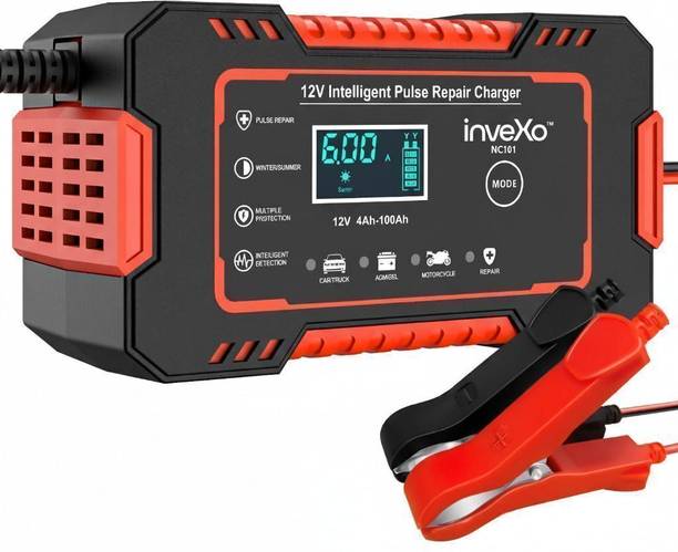 inveXo 12V 6A Smart Car Bike Battery Charger | For Lead Acid, AGM, GEL, SLA Batteries 120 Ah Battery for All Vehicles