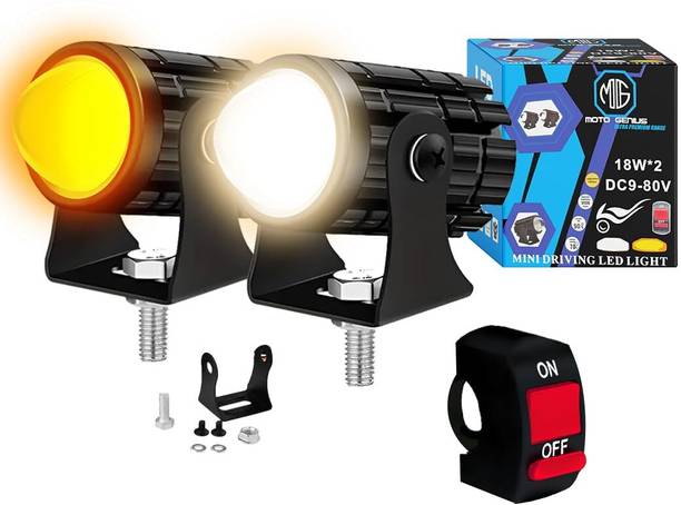 Moto Genius LED Projector Fog Light for Motorcycle With Button | Dual Color Yellow & White Fog Lamp Car, Motorbike, Truck, Van LED (12 V, 18 W)