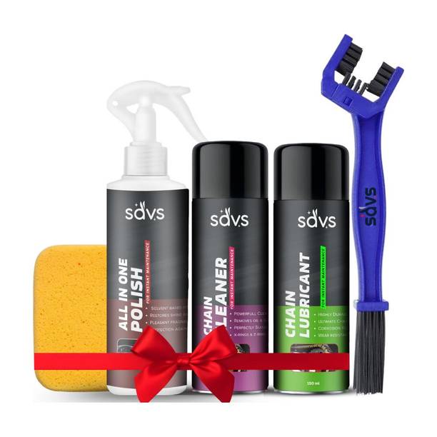 SAVS Premium Bike Care Combo Pack of 5, 250ml Bike Polish, 150ml Chain Cleaner, 150ml Chain Lube, Chain Cleaning Brush, Sponge Complete Motorcycle Cleaning Kit Chain Oil