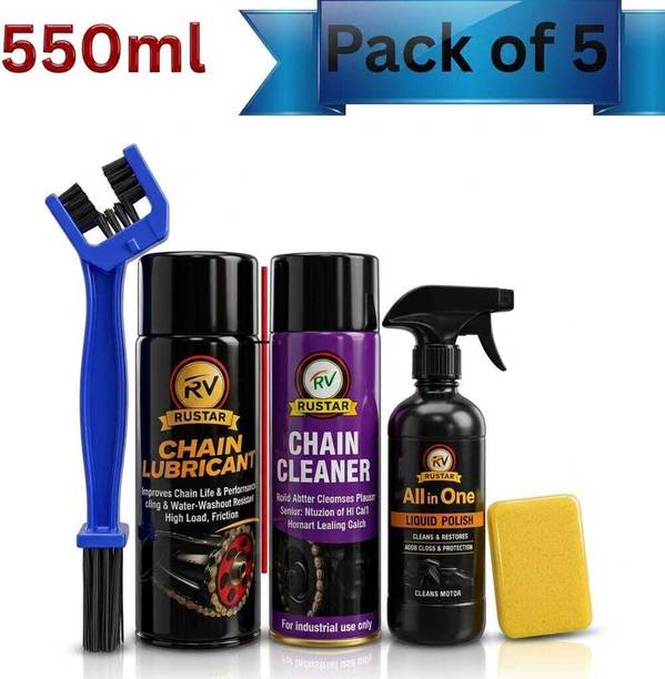 RVRustar Combo of Chain Lube+ Chain Cleaner+ Car & Bike Polish with Chain Cleaner Brush & Foam |Prevent Chain Breakage| Car Interior & Exterior Cleaner| Chain Oil