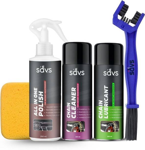 SAVS Chain Lubricant + Chain Cleaner + Bike & Car Polish With Cleaning Brush Shines & Protects Chain | Dashboard Interior & Exterior Cleaning | Chain Oil