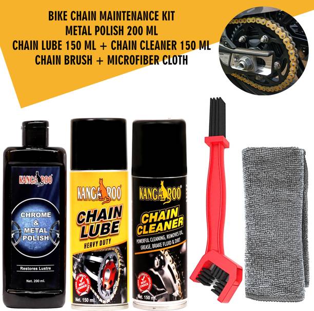KANGAROO Chain Lube + Chain Cleaner 150 ml Each + Chrome Metal Polish 200 ml With Chain Cleaning Brush | Microfiber Cloth | Bike Care and Maintenance Kit Chain Oil