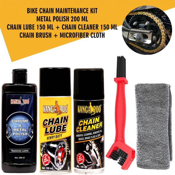KANGAROO Chain Lube + Chain Cleaner 150 ml Each + Chrome Metal Polish 200 ml With Chain Cleaning Brush | Microfiber Cloth | Bike Care and Maintenance Kit Chain Oil
