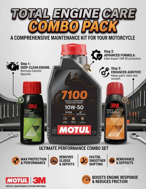MOTUL 7100 10W-50 1.5L Oil with 3M Flush and Additive 50ml Bike Combo Pack Synthetic Blend Engine Oil