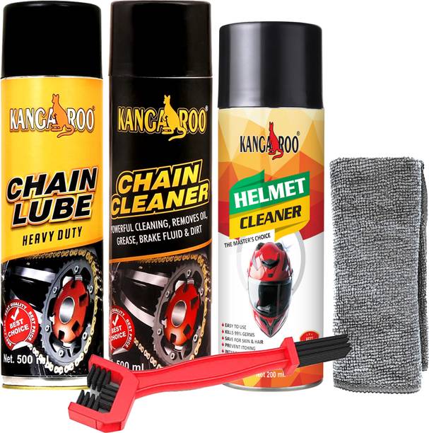 KANGAROO Chain Lube 500 ml, Chain Cleaner 500 ml, Helmet Cleaner 200 ml Chain Cleaning Brush and Microfibre Cloth, (Motorcycle Chain Maintenance Kit) Chain Oil