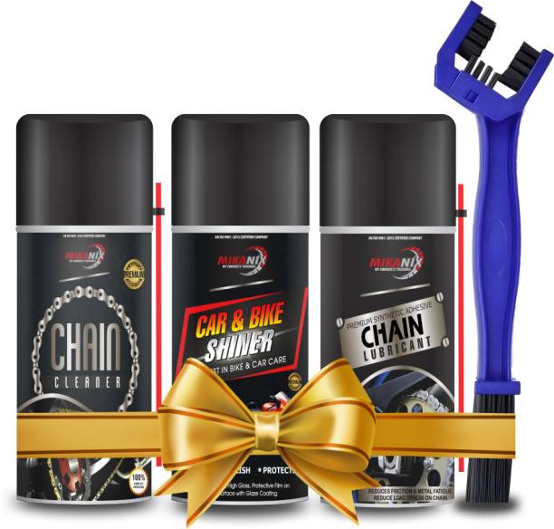 Moto Genius Combo Of Chain Cleaner + Chain Lube + Car & Bike Shiner Spray | Cleaning Brush | Cleans | Shines & Protects Chain Oil