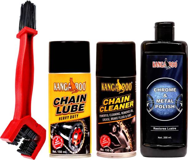 KANGAROO Bike Chain Lube and Cleaner Lubricant Spray With Cleaning Brush and Metal Polish 150 ml Each Spray and 200 ml Polish (Perfect Chain Cleaning & Maintenance Kit) Chain Oil