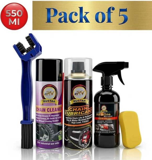 RUSTAR Combo of Chain Lube+ Chain Cleaner+ Car & Bike Polish with Chain Brush & Foam |Cleans| Shines & Protects Chain| Car Dashboard Interior & Exterior Cleaning| Chain Oil
