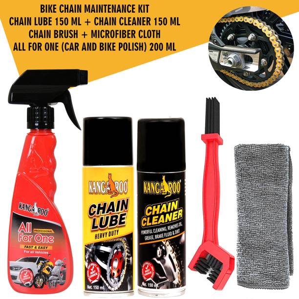 KANGAROO Chain Lube + Chain Cleaner 150 ml Each + Car and Bike Polish 200 ml With Chain Cleaning Brush | Microfiber Cloth | Bike Care and Maintenance Kit चेन ऑइल