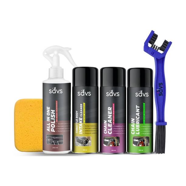 SAVS Ultimate 6 in 1 Bike Care Combo Kit 250ML Polish-Chain Cleaner-Chain Lubricant Throttle Cleaner Complete Cleaning, Shine & Performance Kit with Brush & Sponge Chain Oil