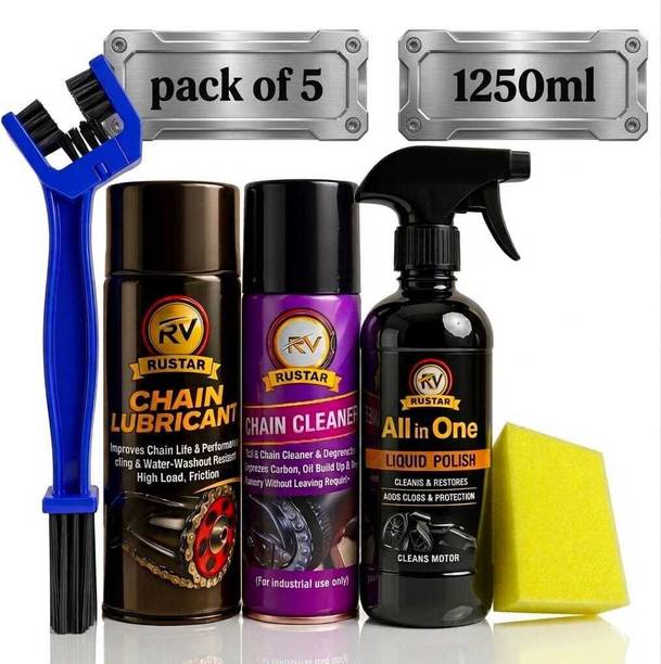 RUSTAR Combo of Chain Lube +Chain Cleaner (500ml each) +All In One Polish (250ml) with Cleaning Brush & Foam Applicator |Cleans| Shines & Protects Chain| Chain Oil
