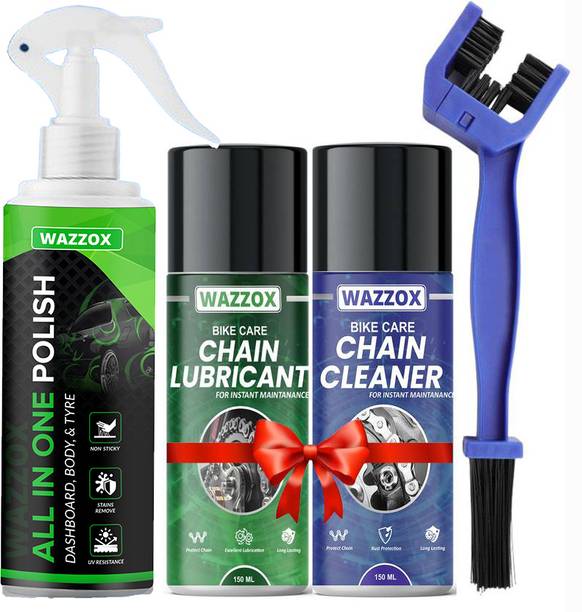 WAZZOX Combo Of Chain Lubricant + Chain Cleaner + Bike & Car Polish With Cleaning Brush Cleans | Shines & Protects Chain | Car Dashboard Interior & Exterior Cleaning | Chain Oil