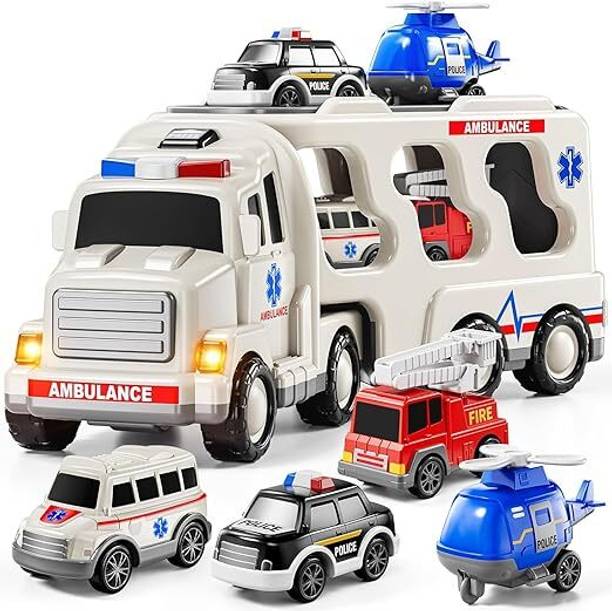 Toyspree Big 5in1 Ambulance Truck Toy With Four Friction Powered Ambulance Car PlaySet