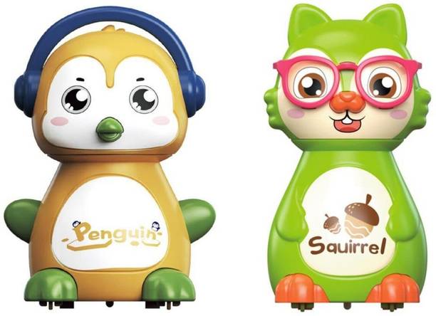 Kidzoy 2 Pcs Cute squirrel and penguin Toys Press and Go Vehicle Colorful Toys for Kids Rattle