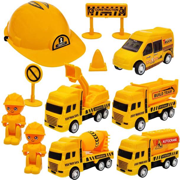 FunBlast Mini Pull Back Truck Set, Play Figure & Safety Helmet, Pretend Play Toy for Kids