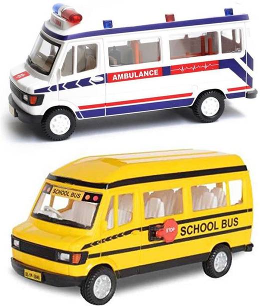hda group Pull Back Action Ambulance & School Bus Toy Vehicle Combo Set