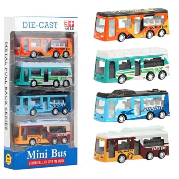 Bazaar Diecast Alloy Toy Bus Set Pullback Action Model Pack of 4 Friction Powered