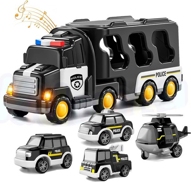 KIDOLOGY 5-in-1 Friction Power Police Truck Toy for Kids & Toddlers, Transport Cars