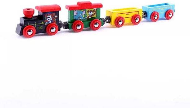 kidzoie Wooden Cartoon Toy Train Set with Colorful Engine & 3 Wagons for Kids
