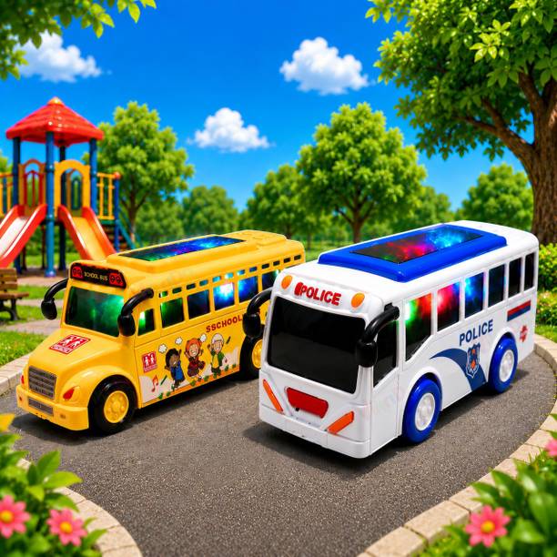 VikriDa Police & School Bus Toy Combo Lights Sound Pack of 2