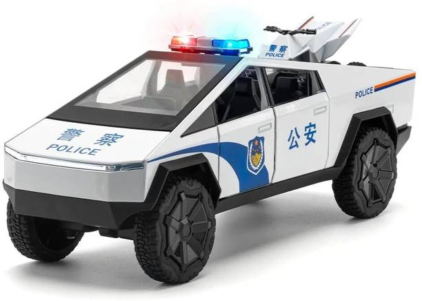 ARNIYAVALA 1:24 Die-Cast Tesla Cyber Police Truck Metal Pull Back Car Toy For Kids