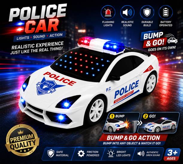 VIYU NATURALS Police Car Toy for Kids|LED Lights|Siren Sound|Bump & Go|Battery Operated