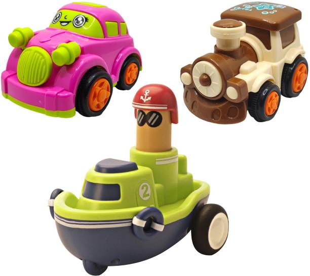ZONEPIA Unbreakable Friction Powered Diecast Car, Train & Push and Go Boat Toy Set