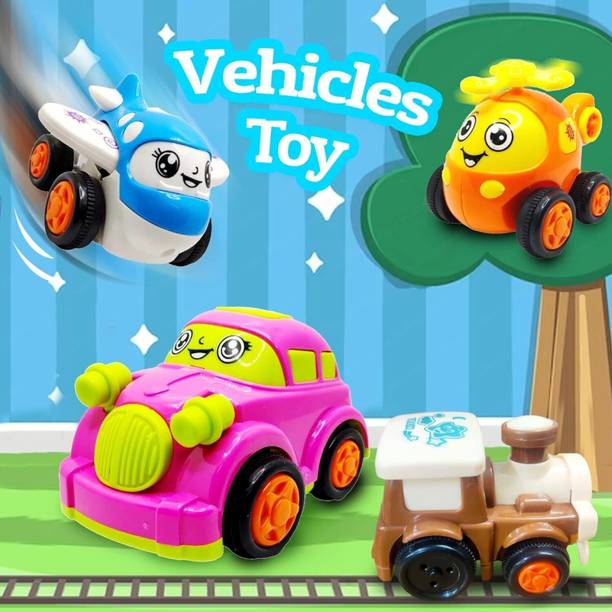Toyporium Friction Powered Toy Set of Cartoon Car, Train, Plane & Helicopter For Kids|T02