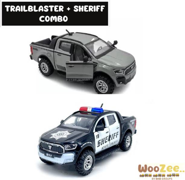 WooZee TRAILBLASTER TRUCK + SHERIFF POLICE CAR PULL ACTION OPENABLE DOORS AND TAILGATE
