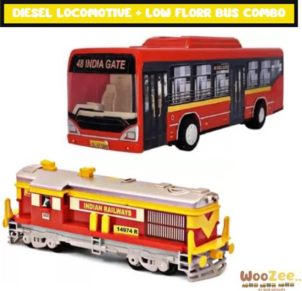 WooZee TRAIN ENGINE DIESEL LOCOMOTIVE + LOW FLOOR CNG BUS TOY COMBO PULL BACK ACTION