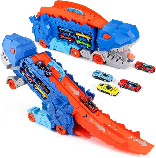 VikriDa Dinosaur Storage Truck Toy with 25" Race Track & 2 Alloy Cars for Kids